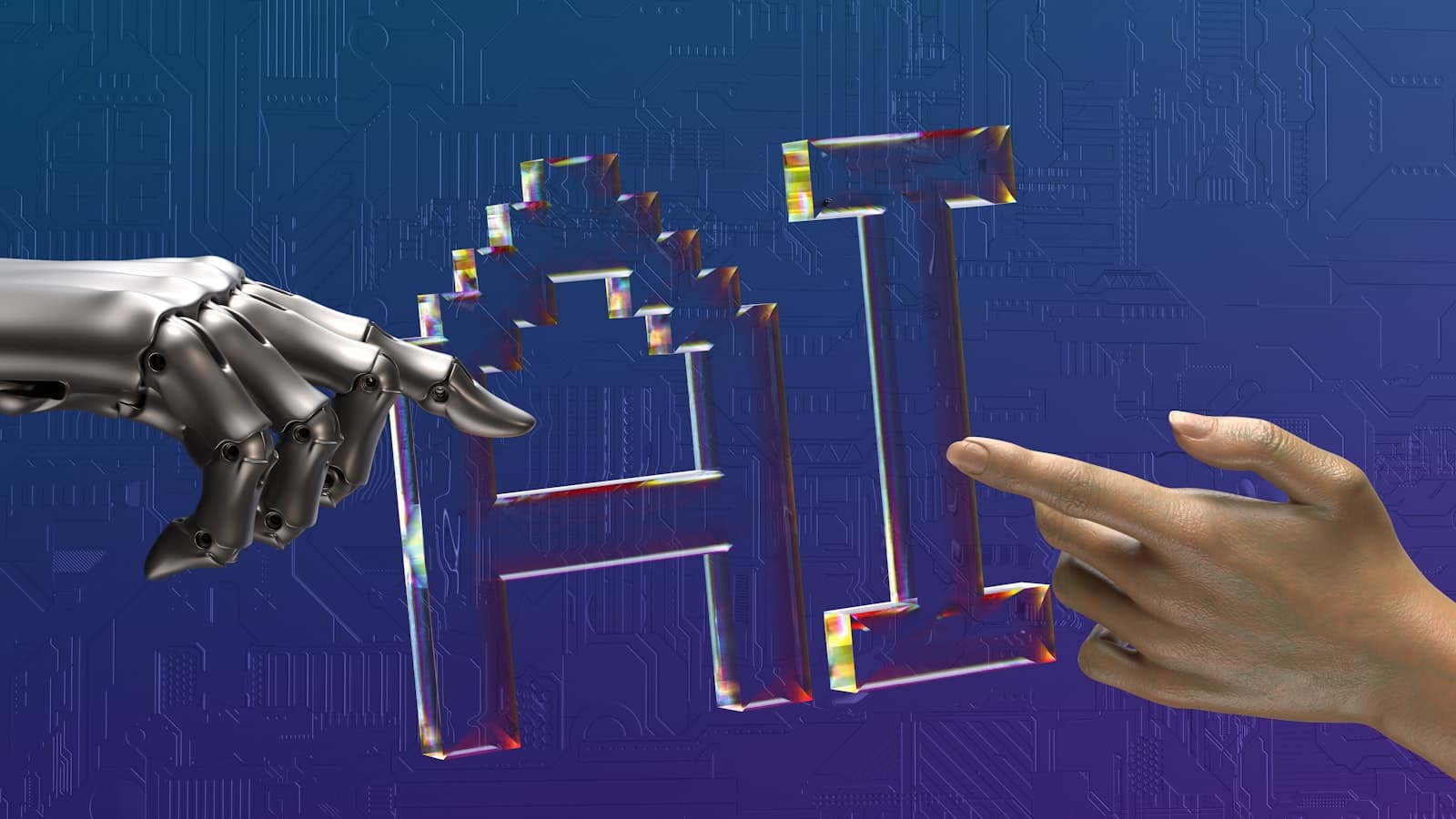Machine learning explained — human and robot hands reaching toward AI